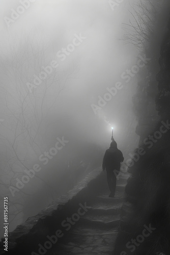 Wallpaper Mural Mystical Journey: Man Descending Staircase in Foggy World Torontodigital.ca