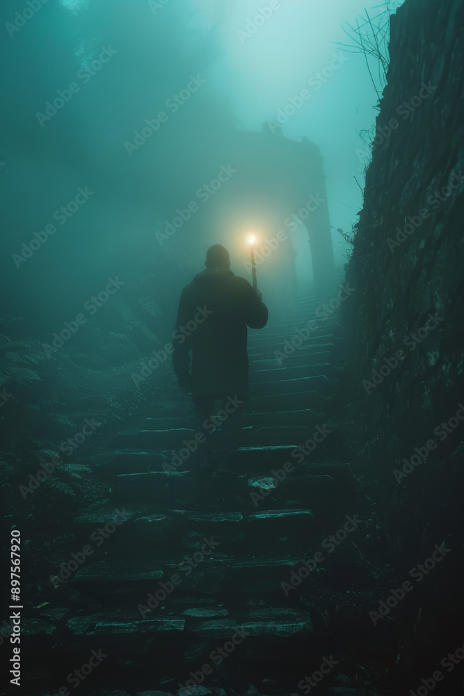 Obraz premium Descent into the Unknown: Man with Candle in Foggy Universe