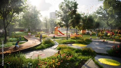 Fototapeta Naklejka Na Ścianę i Meble -  Modern Playground with Colorful Equipment and Lush Greenery