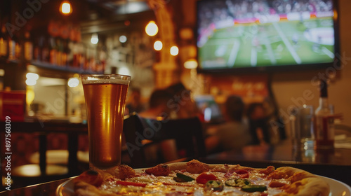 Fototapeta Naklejka Na Ścianę i Meble -  A cozy bar scene with a freshly served pizza and a beer pint on the table, a TV screen displaying a sports game in the background.