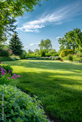 Lush Green Lawn Radiating Tranquility under Warm Afternoon Sun with Colorful Flower Beds