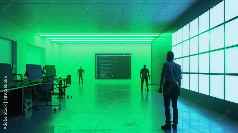 A spacious room with green lighting filled with people engaged in tech activities, suggesting a modern, collaborative workspace. A spacious room with green lighting filled with people engaged in tech activities, suggesting a modern, collaborative workspace.
