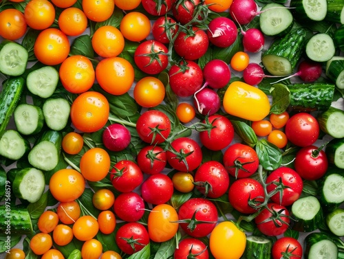 An overhead view of a colorful medley of vegetables, including cherry tomatoes, cucumbers, and radishes