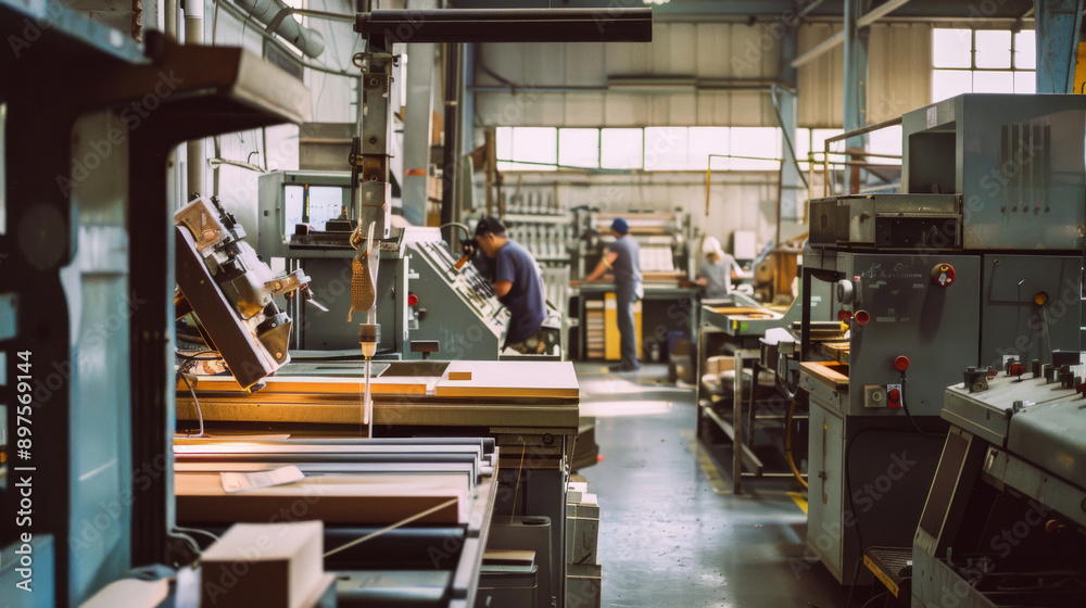 Naklejka premium Spacious industrial facility with workers engaged in various tasks, surrounded by machinery and equipment, highlighting productivity and workflow.