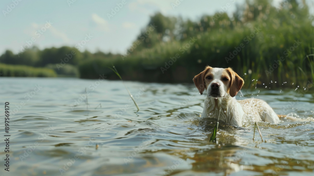 A dog enjoying a swim in a serene lake, its head poking out of the water against a backdrop of lush greenery. A dog enjoying a swim in a serene lake, its head poking out of the water against a backdrop of lush greenery.