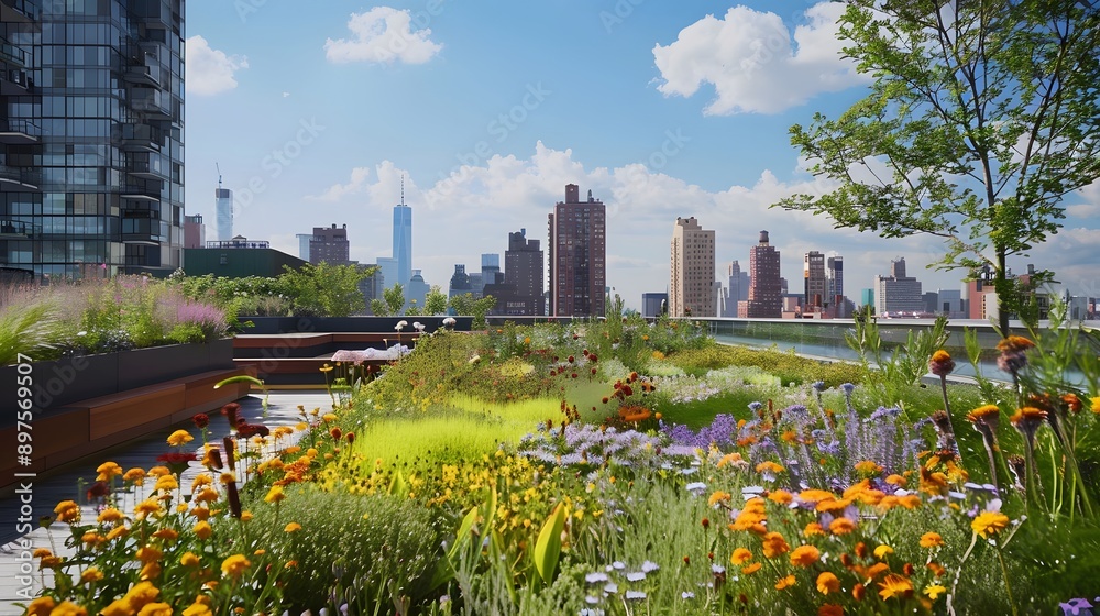 Rooftop Garden Oasis with City Skyline View Rooftop Garden Oasis with City Skyline View