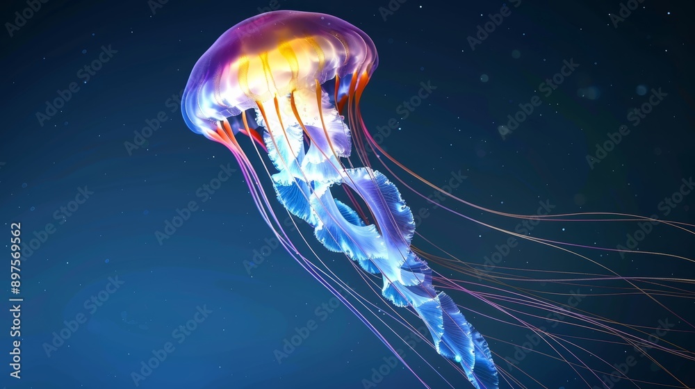 Naklejka premium A delicate, multicolored jellyfish glowing in the deep blue sea, its tentacles trailing behind, with copy space, high-resolution photo, realistic photo, hyper realistic