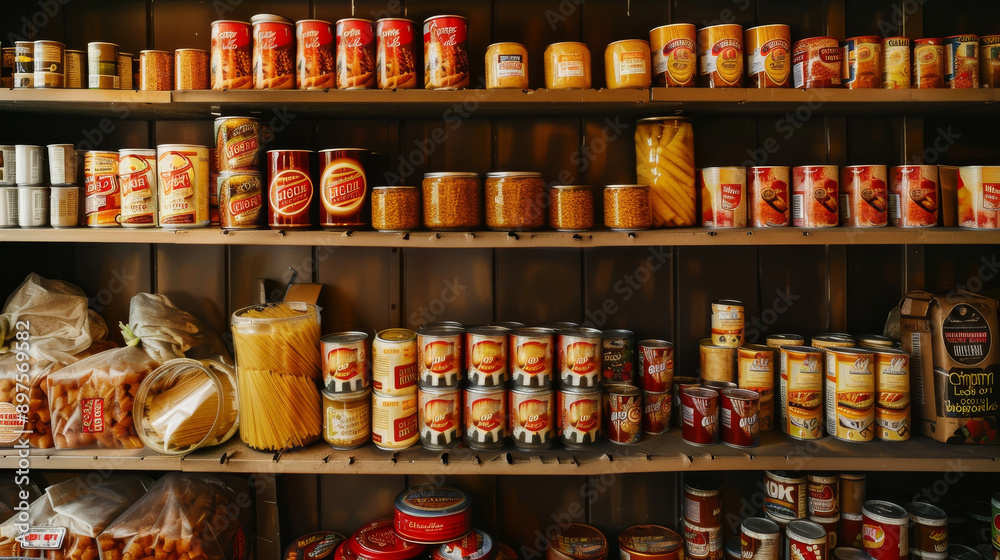 Shelves stocked with various canned and packaged goods, evoking a sense of abundance, preparation, and organization in a pantry setting. Shelves stocked with various canned and packaged goods, evoking a sense of abundance, preparation, and organization in a pantry setting.