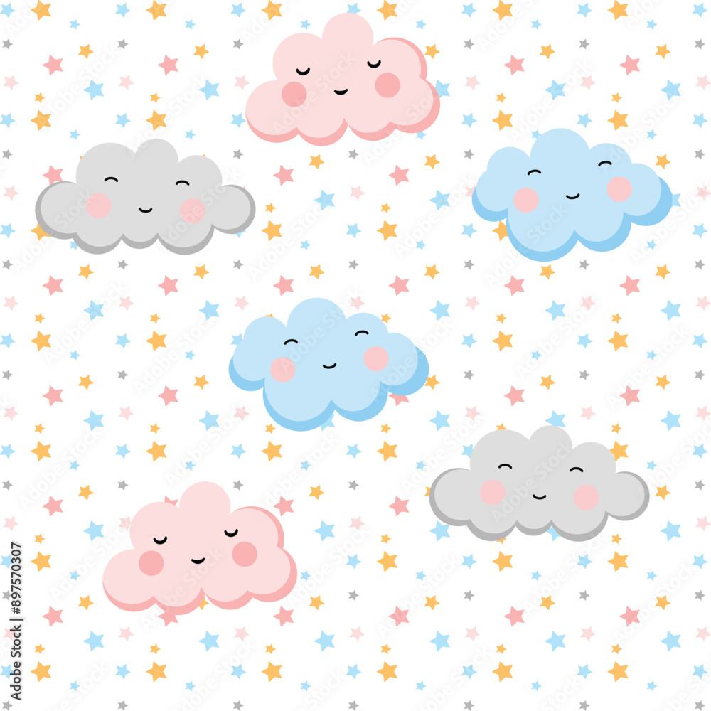 Cute colorful cloud smiling face seamless pattern background with colorful star glow