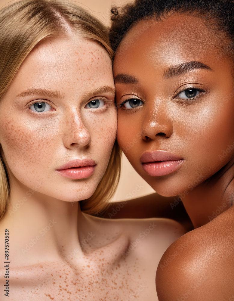 Pale skin freckled girl and african american girl posing heads touching Pale skin freckled girl and african american girl posing heads touching