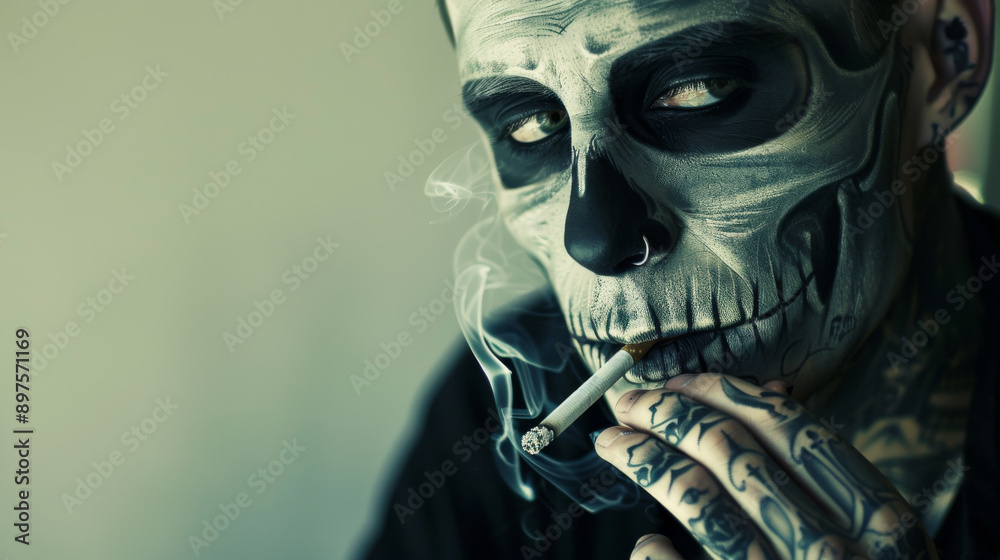 A mysterious man with a skeleton face tattoo is seen smoking, exuding intensity and enigma through the smoke swirling around him. A mysterious man with a skeleton face tattoo is seen smoking, exuding intensity and enigma through the smoke swirling around him.
