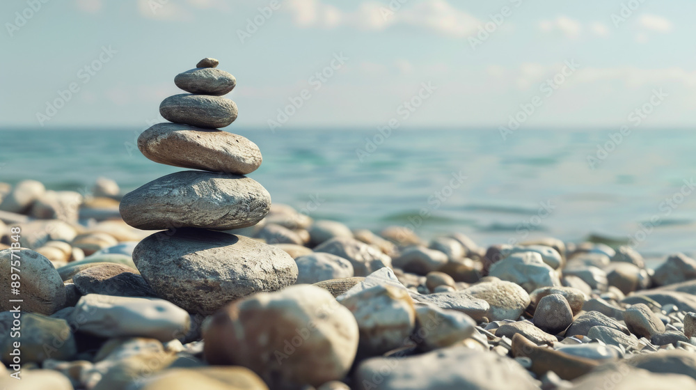Fototapeta premium Stacked rocks on a pebbled beach meet the clear blue sea, embodying peace, stability, and mindfulness.