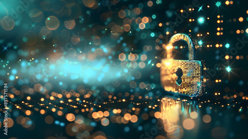A glowing padlock surrounded by colorful bokeh lights represents security and safety in a creative digital concept
