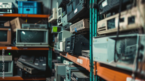 Shelves filled with vintage electronics and old computer equipment in a storeroom create a nostalgic tech ambiance.