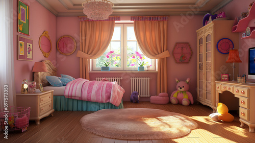 Light pink bright interior of the children's room, for a girl