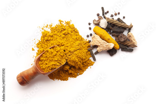 Top view of a wooden scoop filled with Organic digestive powder called 