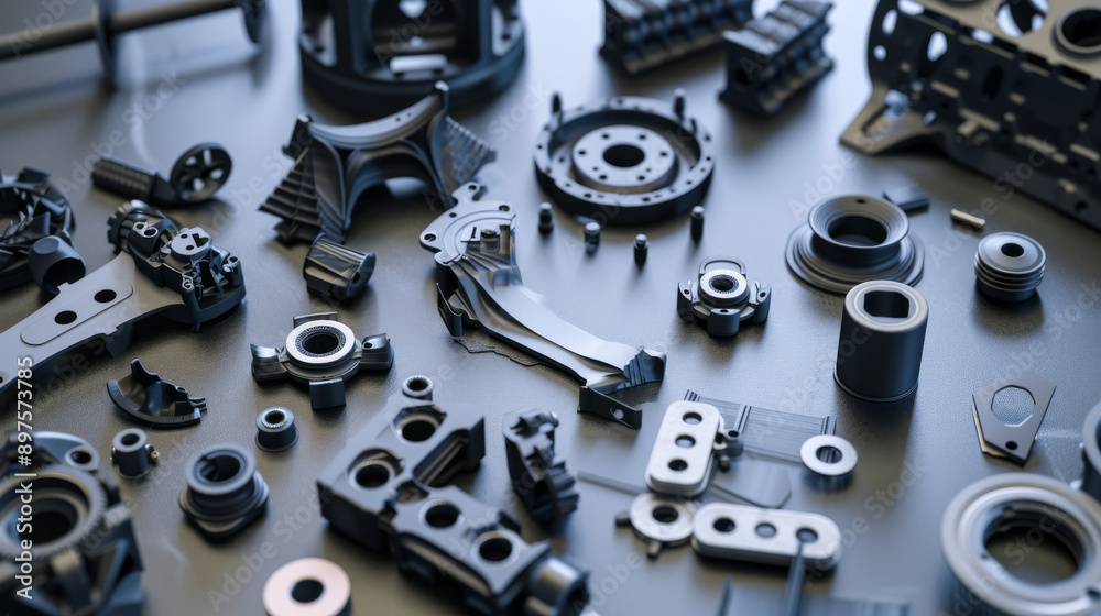 An assortment of precision-engineered black metal components neatly arranged on a smooth, reflective gray surface. An assortment of precision-engineered black metal components neatly arranged on a smooth, reflective gray surface.