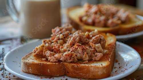 Grilled canned meat on toast with milk