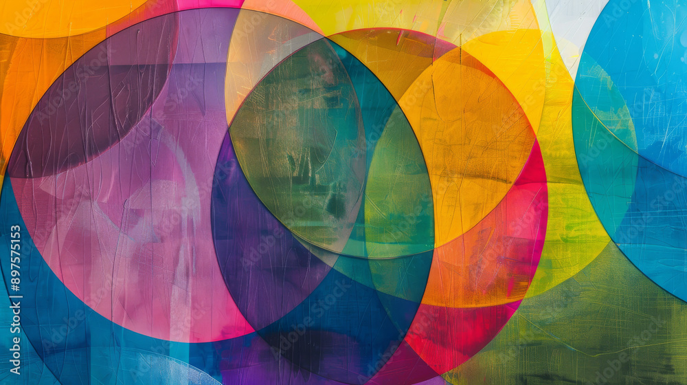 Fototapeta premium Colorful overlapping circles painted with bold, translucent hues create a dynamic and abstract visual on a textured surface.