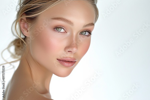 Radiant portrait of a young woman with soft features and glowing skin, exuding beauty and tranquility in a bright setting.