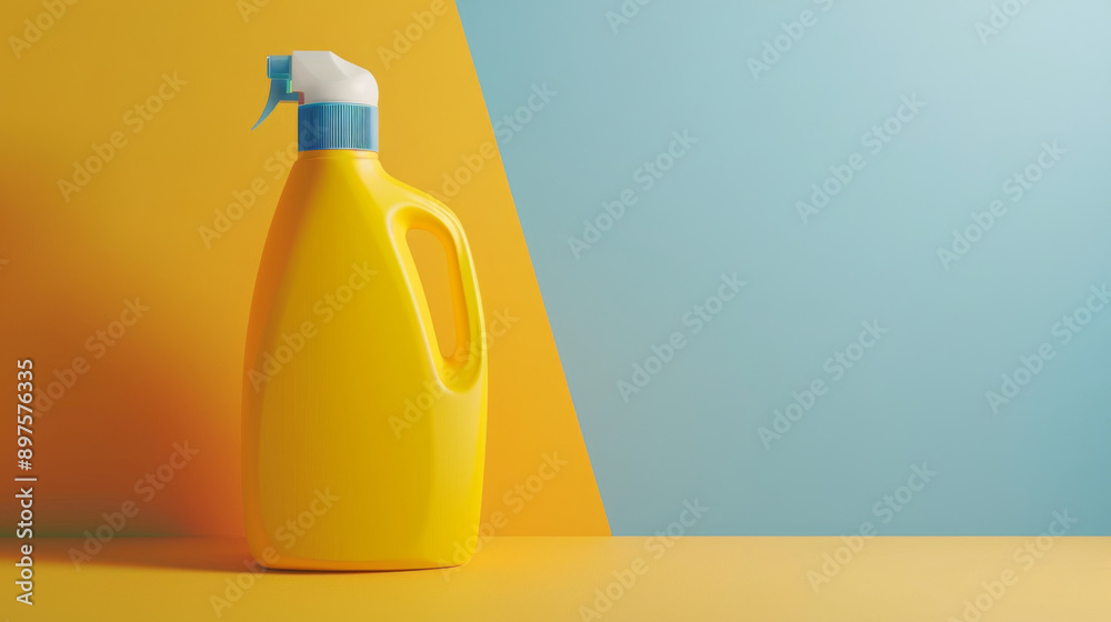 A yellow spray bottle against a vibrant two-tone yellow and blue background, creating a striking visual contrast. A yellow spray bottle against a vibrant two-tone yellow and blue background, creating a striking visual contrast.