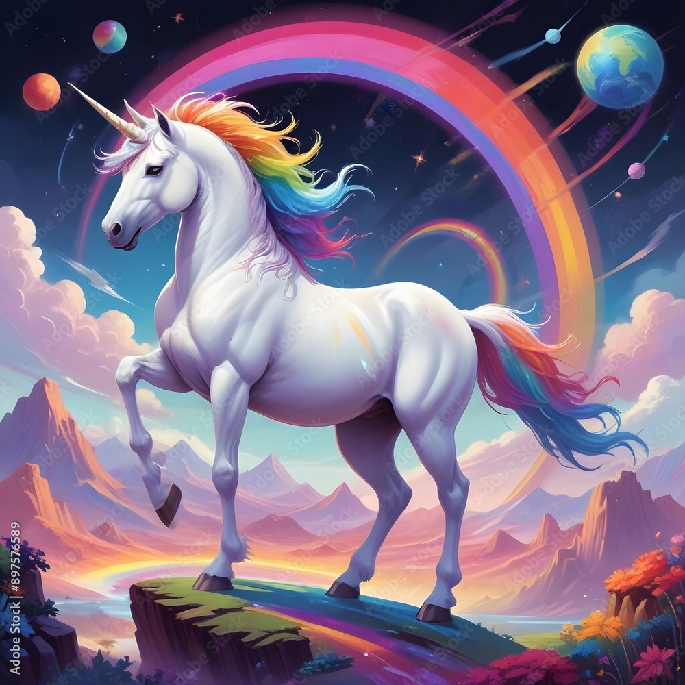 Fototapeta premium Unicorn with colorful rainbows castles and planets..