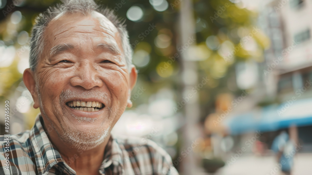 A smiley older man enjoying a pleasant day outdoors, radiating happiness and positivity across the frame. A smiley older man enjoying a pleasant day outdoors, radiating happiness and positivity across the frame.