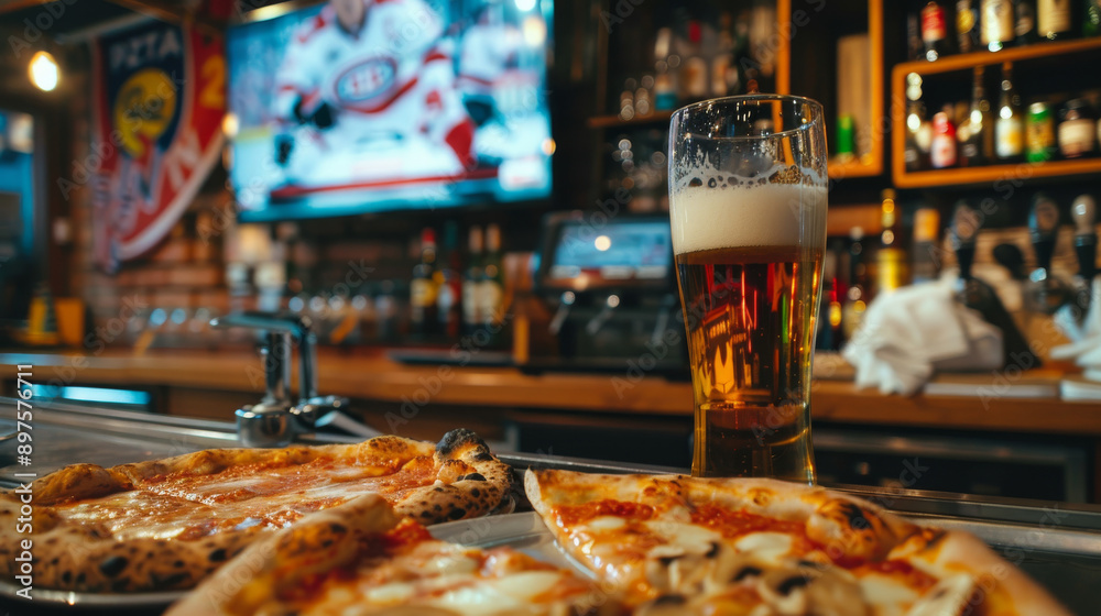 A close-up scene in a bar showing pizzas and a glass of beer on the counter, with a sports game playing on a TV in the background. A close-up scene in a bar showing pizzas and a glass of beer on the counter, with a sports game playing on a TV in the background.
