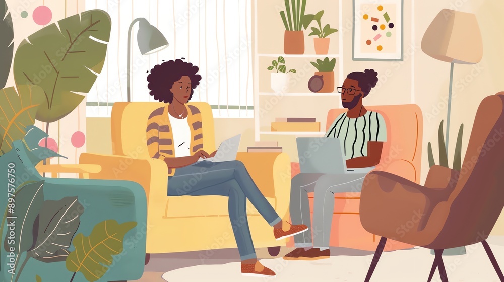 A young couple is sitting in a living room, talking and laughing. The woman is sitting on a couch, and the man is sitting in an armchair. A young couple is sitting in a living room, talking and laughing. The woman is sitting on a couch, and the man is sitting in an armchair.