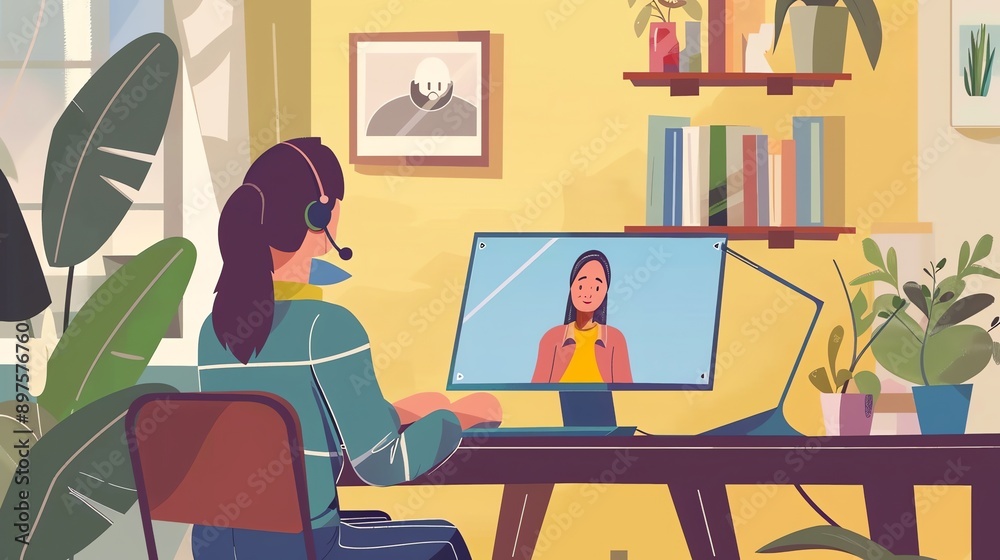 A woman is sitting at her desk and talking to someone on her computer. She is wearing a headset and looking at the screen. A woman is sitting at her desk and talking to someone on her computer. She is wearing a headset and looking at the screen.
