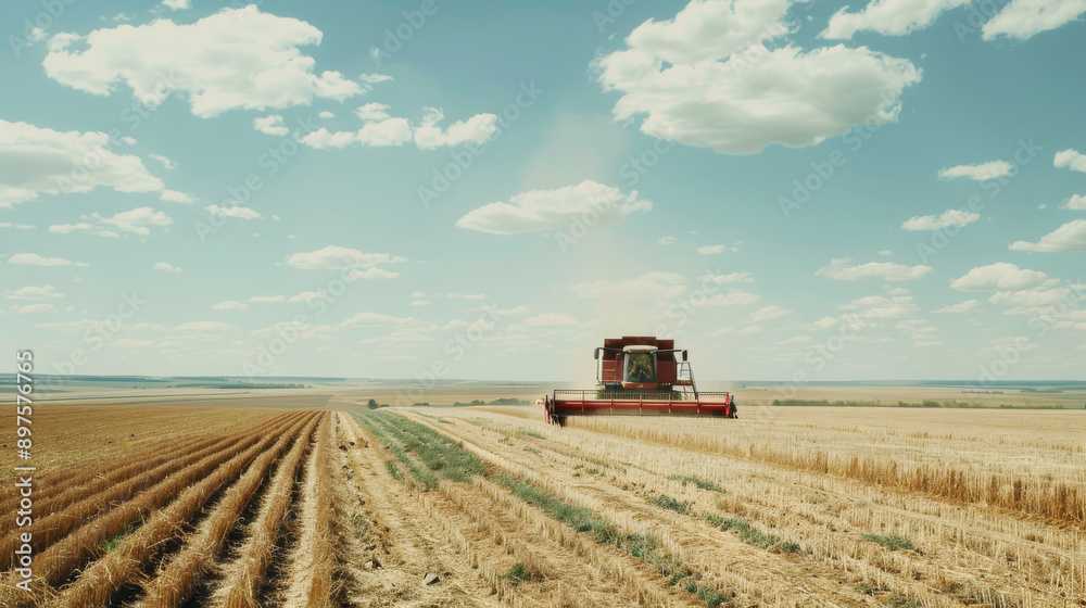 Fototapeta premium A lone combine harvester progressing through a vast, golden wheat field under a bright, blue sky with scattered white clouds.