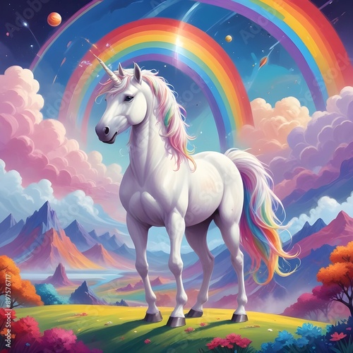 Unicorn with colorful rainbows castles and planets..