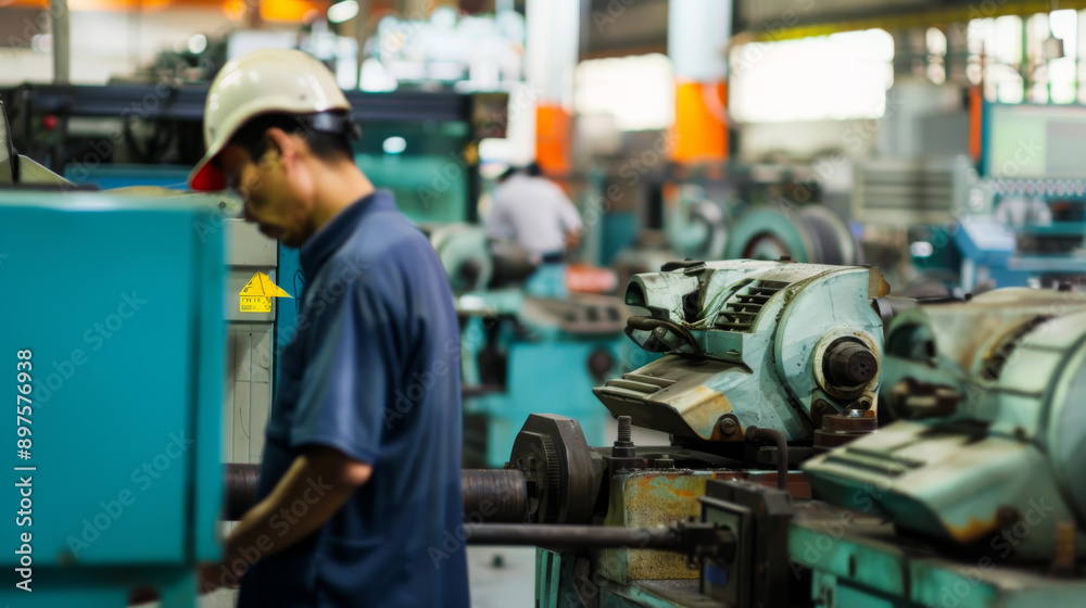 A focused view inside a busy industrial plant, highlighting a worker operating machinery amidst a backdrop of equipment and production lines. A focused view inside a busy industrial plant, highlighting a worker operating machinery amidst a backdrop of equipment and production lines.