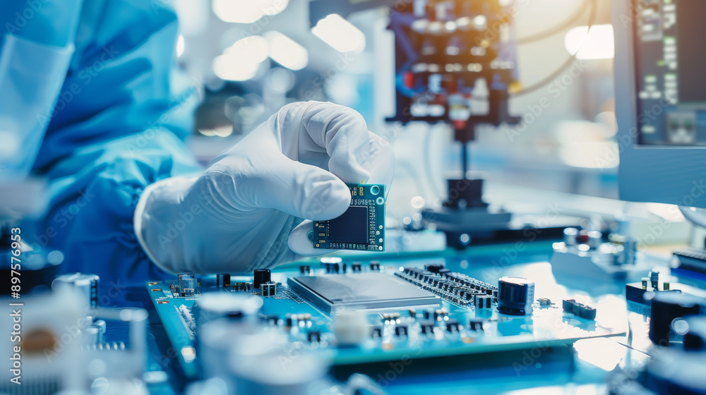 A gloved hand delicately places an electronic component on a circuit board in a lab, illustrating technological advancement and meticulous care. A gloved hand delicately places an electronic component on a circuit board in a lab, illustrating technological advancement and meticulous care.