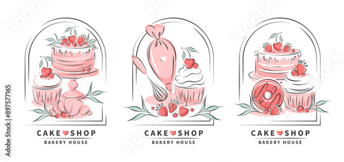 Cake shop logo. Set of design sample for pastry and bread shop. Kitchen tools for baking. Cakes and berries. Vector illustration