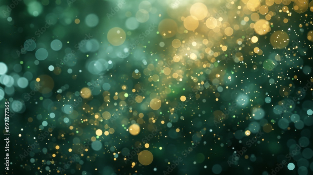 A bokeh background with green, gold, and silver lights, creating a festive and elegant effect A bokeh background with green, gold, and silver lights, creating a festive and elegant effect