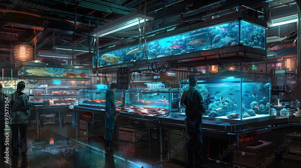 Futuristic Fish Market with Customers Futuristic Fish Market with Customers