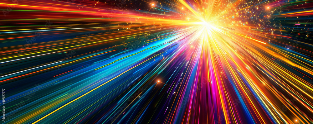Colorful light beams radiating from a bright Colorful light beams radiating from a bright