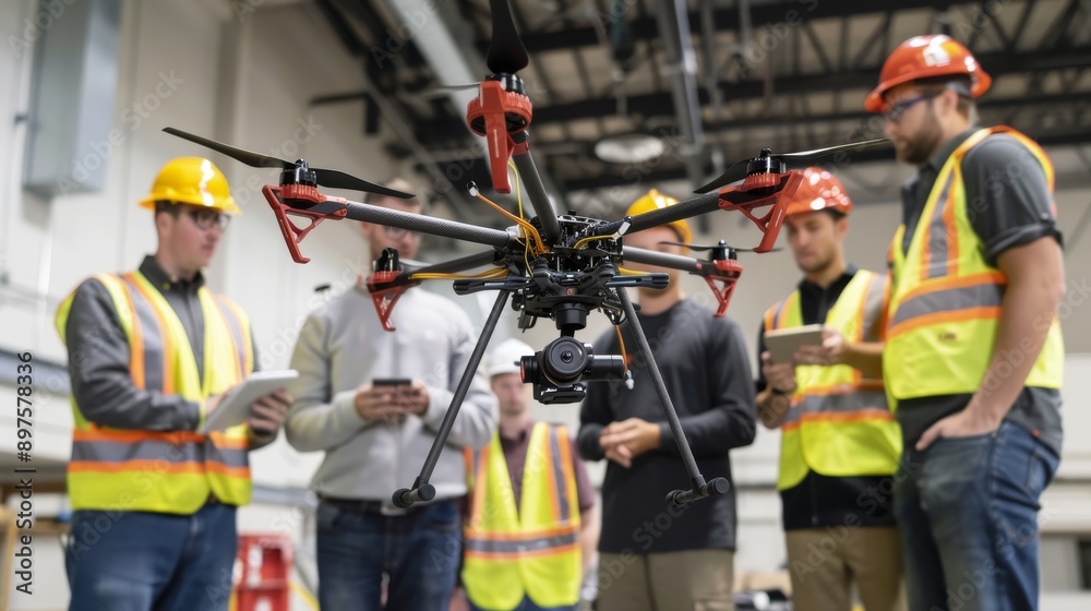 Group of engineers testing an autonomous drone Group of engineers testing an autonomous drone