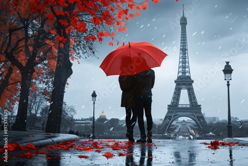 A couple is standing under a red umbrella in the rain