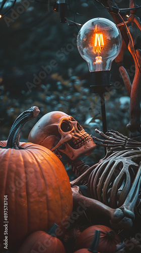 Generative Ai illustration. A human skeleton is kneeling next to a large, dimly lit lamp. Halloween 