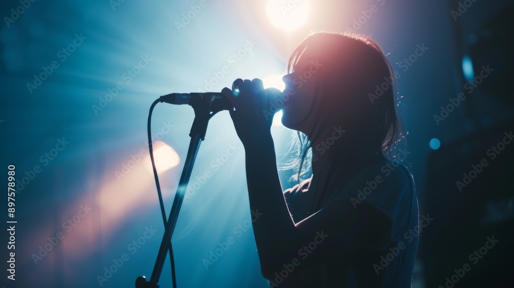 Fototapeta premium Lead singer with a microphone, belting out lyrics