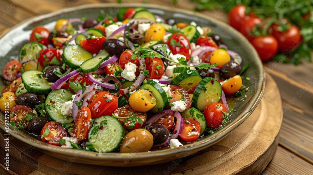 A colorful Mediterranean salad with cherry tomatoes, cucumbers, red onions, olives, feta cheese, and a drizzle of olive oil and herbs A colorful Mediterranean salad with cherry tomatoes, cucumbers, red onions, olives, feta cheese, and a drizzle of olive oil and herbs