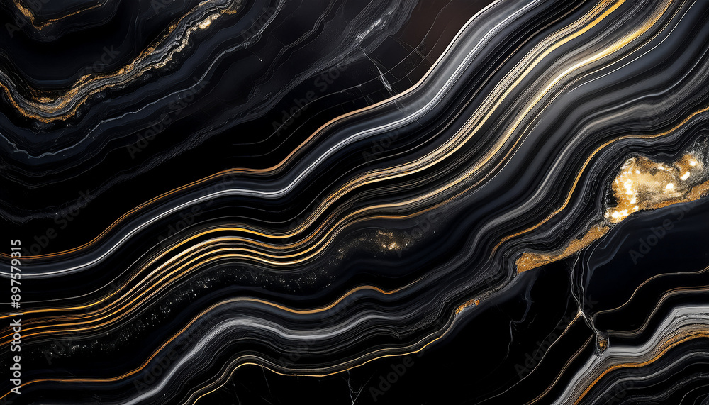 Flat lay surface of brushed Black Agate Slab texture background with space to copy, panoramic view