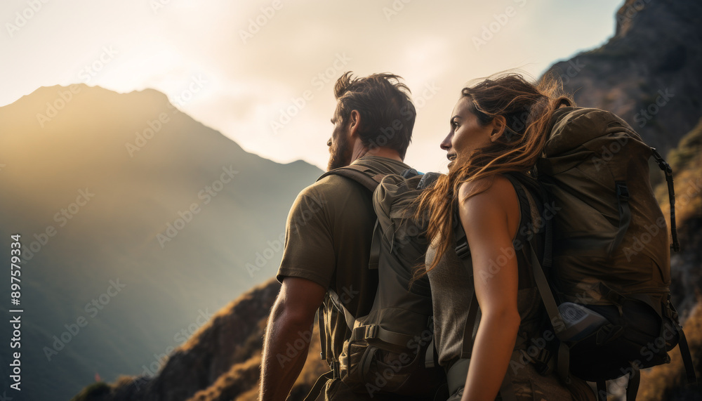 Man and Woman Hiking in Scenic Landscape Man and Woman Hiking in Scenic Landscape