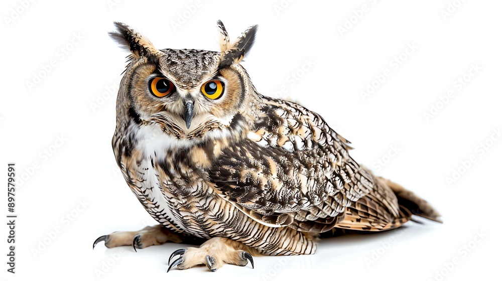 A majestic owl with piercing yellow eyes stares intently at the camera. A majestic owl with piercing yellow eyes stares intently at the camera.