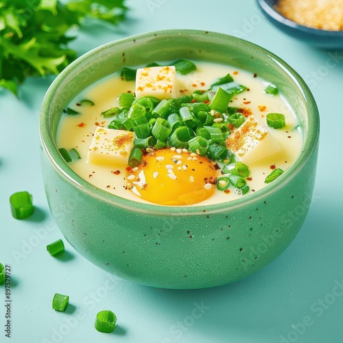 A bowl of creamy soup with a poached egg, tofu, green onions, and sesame seeds.