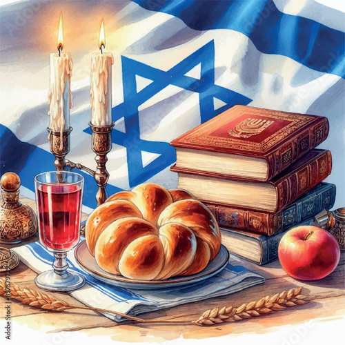 Shabbat Still Life – Two Candles, Challah Bread, Grape Juice Glasses, White Background, Watercolor Illustration 2