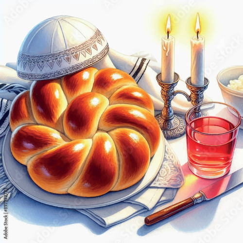 Shabbat, two candles, challah, glasses of grape juice, on a white background - watercolor or aquarelle.3