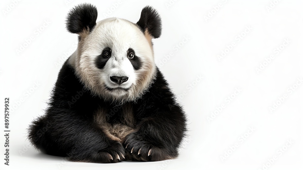 A cute panda bear is sitting on a white background. The panda is looking at the camera with its big, round eyes. A cute panda bear is sitting on a white background. The panda is looking at the camera with its big, round eyes.